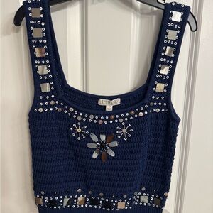 J. Crew Navy Beaded Crochet Tank Top